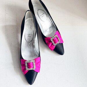 Casadei Luxe Vintage Satin Rhinestone Bow Black Pink Kitten Heels